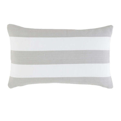 Pearl grey and white stripe indoor and outdoor pillow, which features knife edge closure (15" Lumbar)