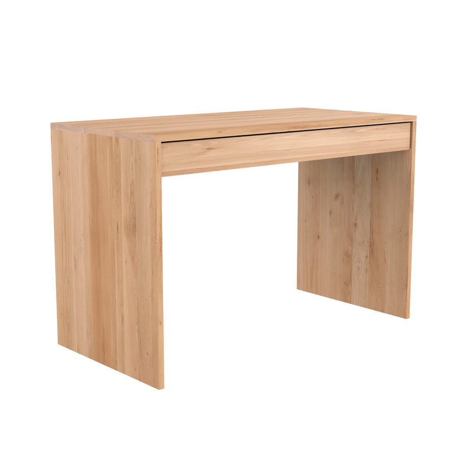 compact oak office desk with push open drawer