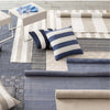 Navy and white stripe indoor and outdoor pillow, which features knife edge closure. Two sizes available (15" and 21")