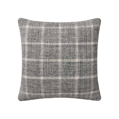 grey pillow with light gray plaid stripes